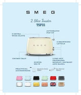 SMEG 2 Slice Toaster with 6 Presets and Defrost Function and Removable Crumb Tray TSF01RDUS, RED