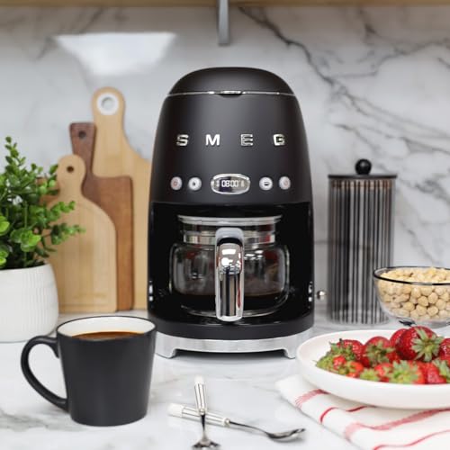 Smeg 50's Retro Style Aesthetic Drip Coffee Machine with 10 Cup Glass Carafe, Auto Start Feature, Keep Warm Plate, and Two Coffee Strength Settings (Red)