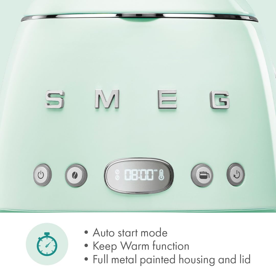 Smeg 50's Retro Style Aesthetic Drip Coffee Machine with 10 Cup Glass Carafe, Auto Start Feature, Keep Warm Plate, and Two Coffee Strength Settings (Red)