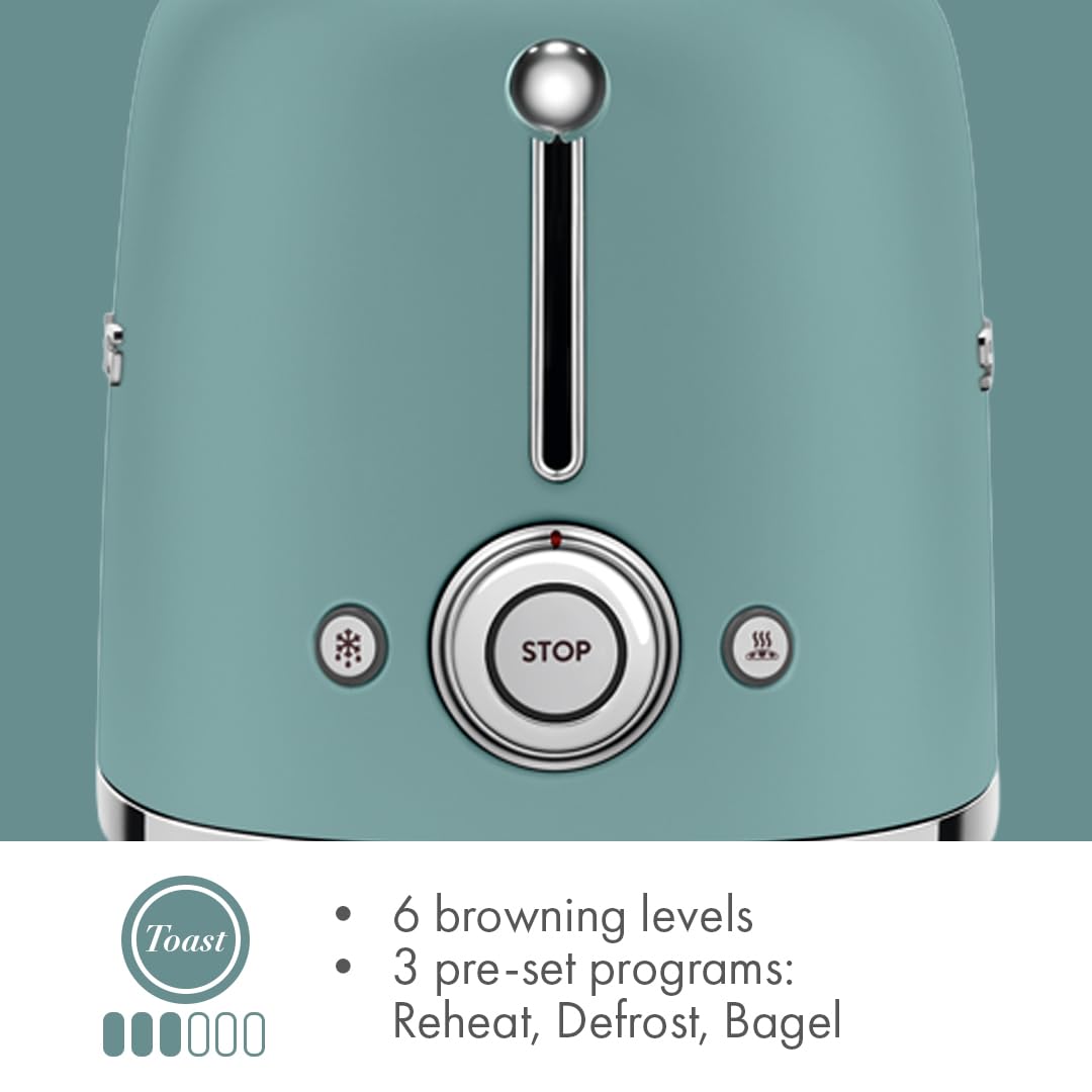 SMEG 2 Slice Toaster with 6 Presets and Defrost Function and Removable Crumb Tray TSF01RDUS, RED
