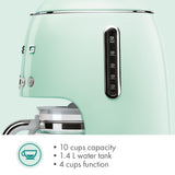 Smeg 50's Retro Style Aesthetic Drip Coffee Machine with 10 Cup Glass Carafe, Auto Start Feature, Keep Warm Plate, and Two Coffee Strength Settings (Red)