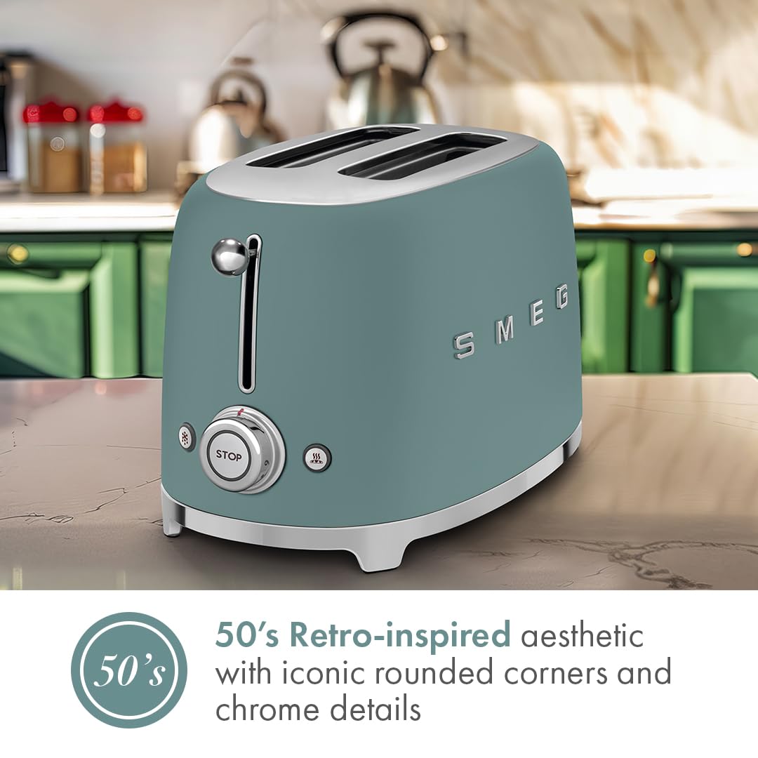 SMEG 2 Slice Toaster with 6 Presets and Defrost Function and Removable Crumb Tray TSF01RDUS, RED