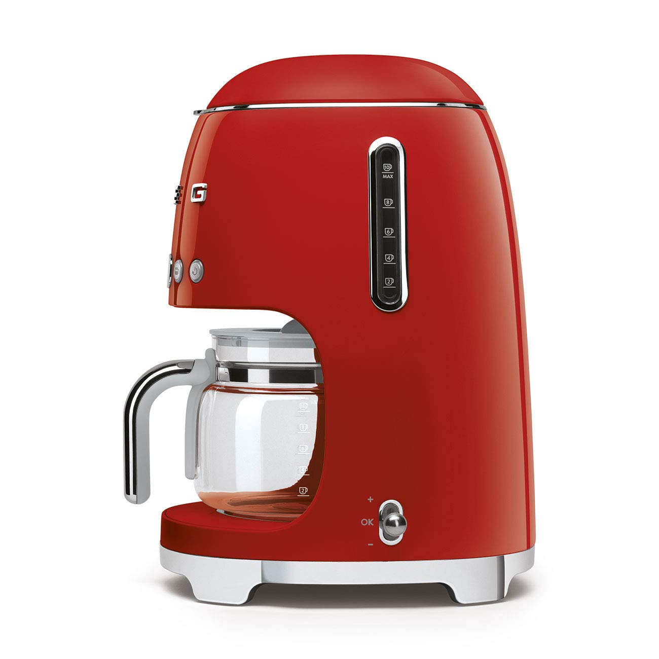 Smeg 50's Retro Style Aesthetic Drip Coffee Machine with 10 Cup Glass Carafe, Auto Start Feature, Keep Warm Plate, and Two Coffee Strength Settings (Red)