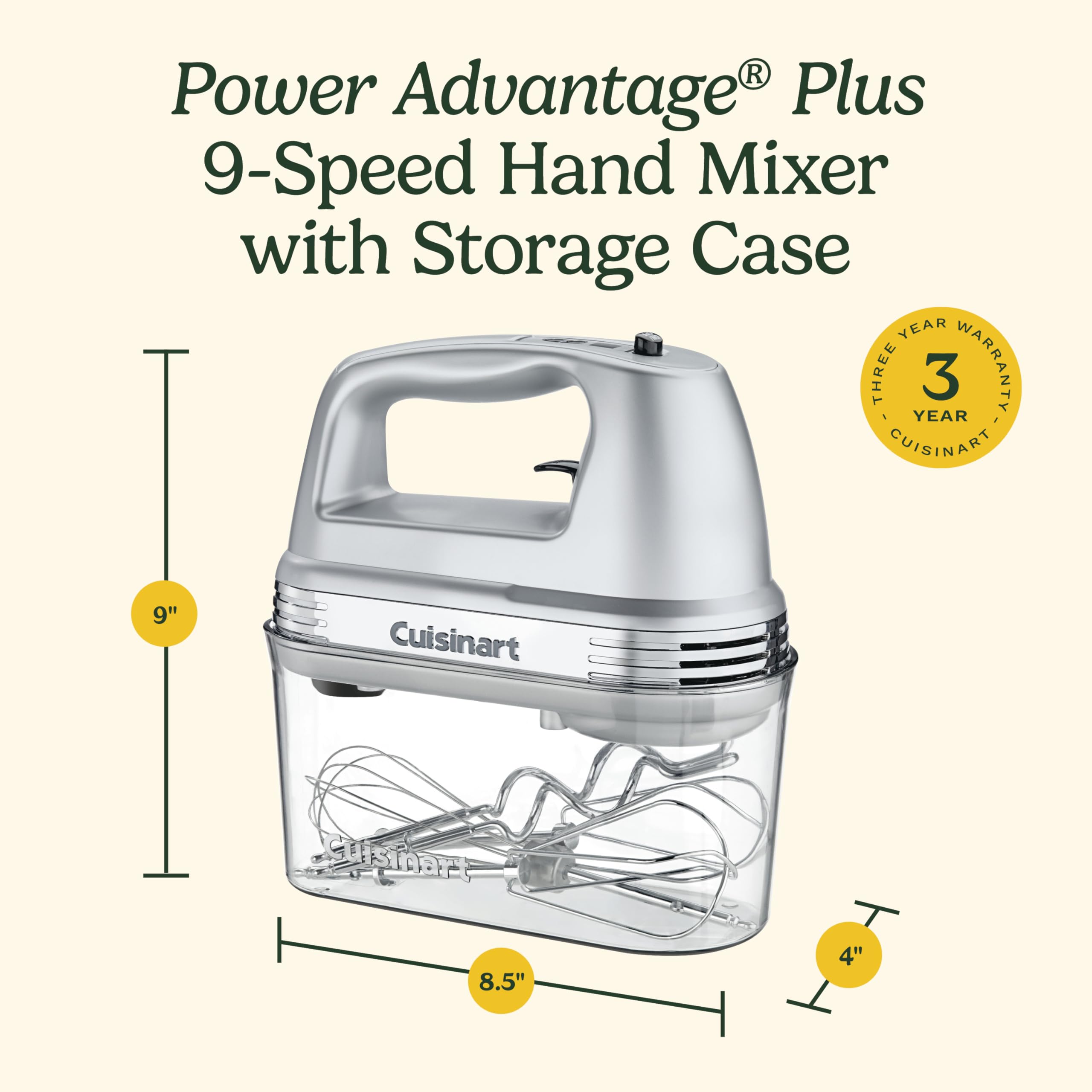 Cuisinart Power Advantage Plus 9-Speed Hand Mixer, 220W Motor, Electric Mixer with Dishwasher-Safe Beaters, Storage Case, HM-90BCS, Brushed Chrome